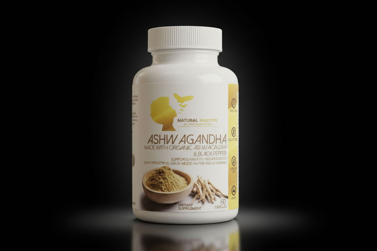 Ashwagandha bottle with professional black background